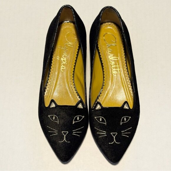 Charlotte Olympia Kitty Flats Black Velvet Size 36 EUC - Picture 2 of 11